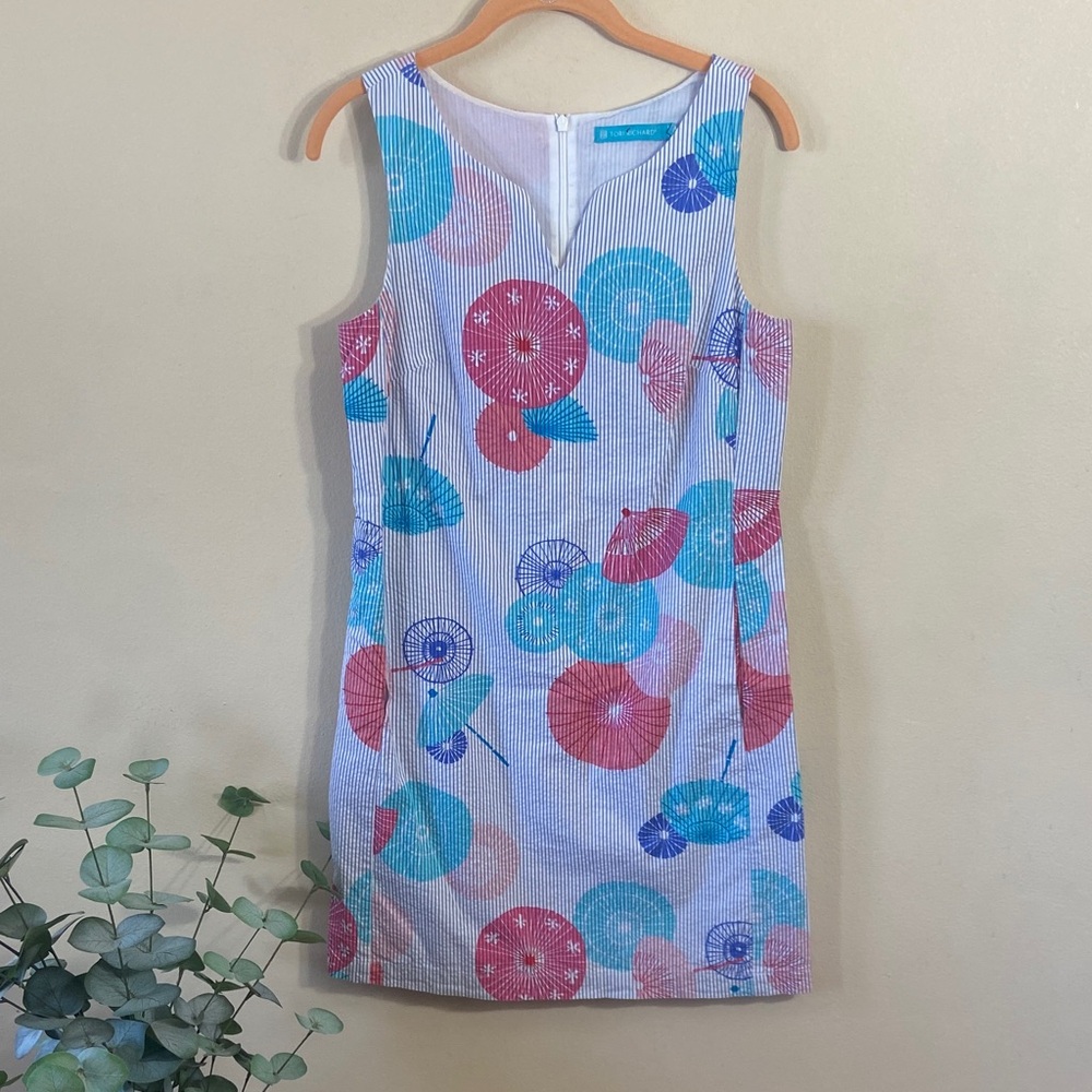 Tori Richard Blue Pink Seersucker Shell Print Shift Mini Dress Coastal Preppy 4